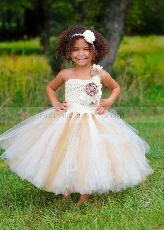 One Shoulder Ivory Gold Flower Girl Tutu Dress